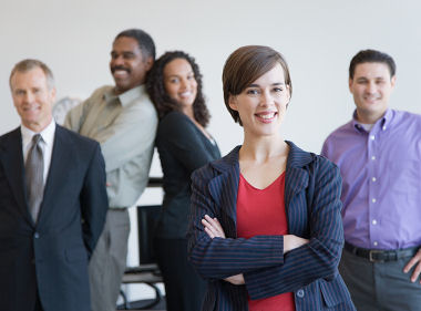 Diverse professionals collaborating confidently