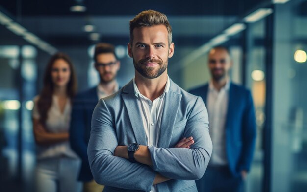 Confident, relaxed professional standing before a team